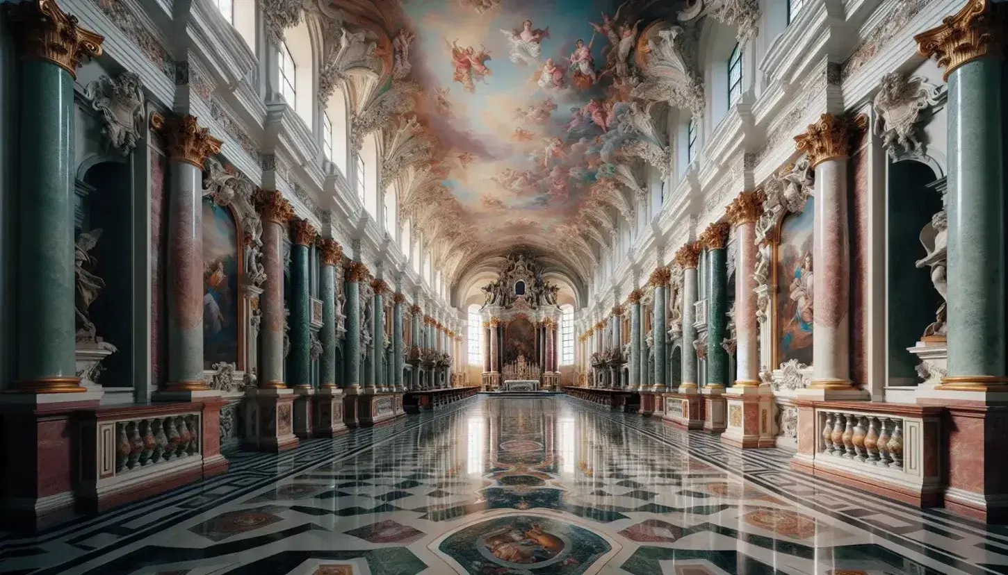 Interno di chiesa barocca con corridoio marmoreo, stucchi dorati, colonne corinzie e affresco trompe-l'œil sulla volta.