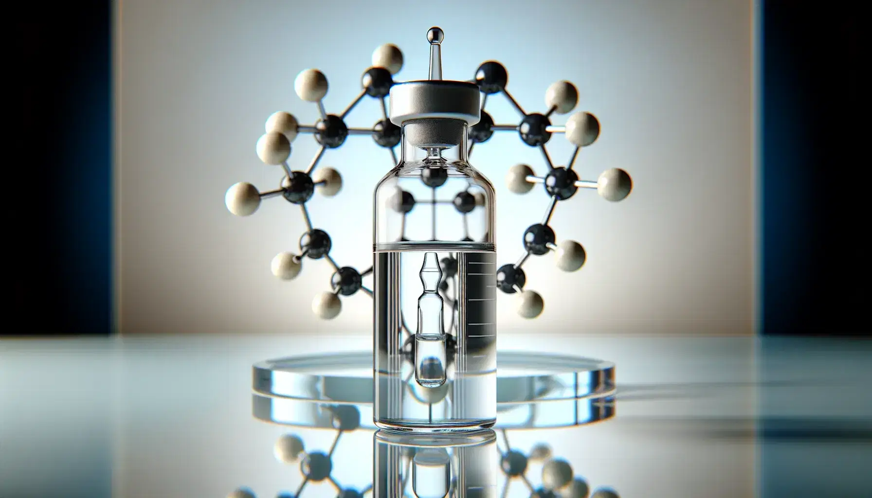 Transparent glass vial with slightly yellowish liquid on reflective surface, molecular model with hexagonal ring of carbon and hydrogen.