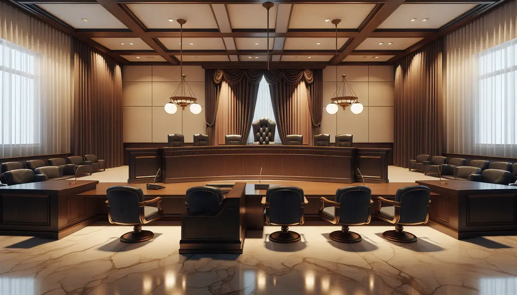 Sala de tribunal vacía con mesa central para juez, dos mesas enfrentadas para abogados, podio para testigos, paredes beige y cortinas marrones.