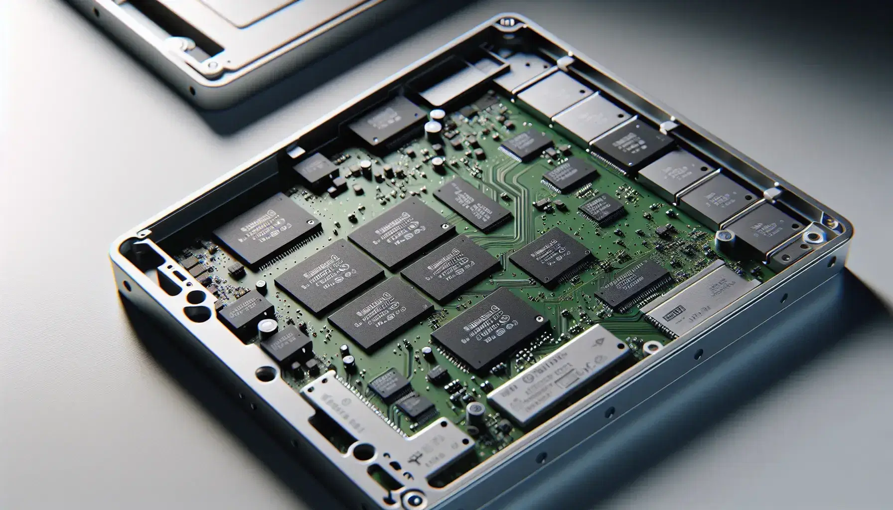 Close-up view of an open SSD showing internal components such as NAND memory chips, silver controller and colored capacitors on green circuit board.