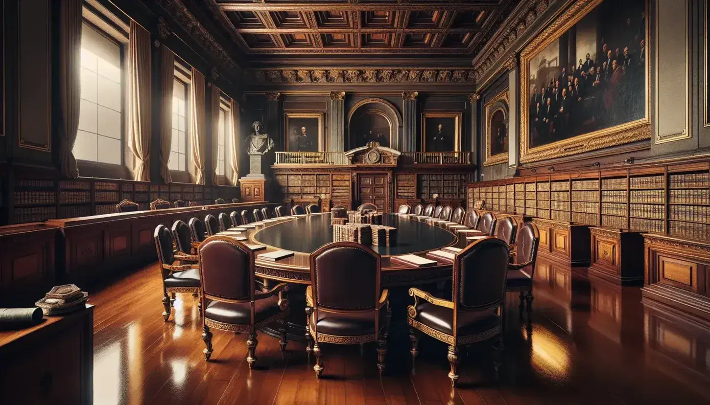Sala de sesiones legislativas estilo antiguo en México con mesa ovalada de madera oscura, sillas con terciopelo rojo y estantería con libros encuadernados en cuero.