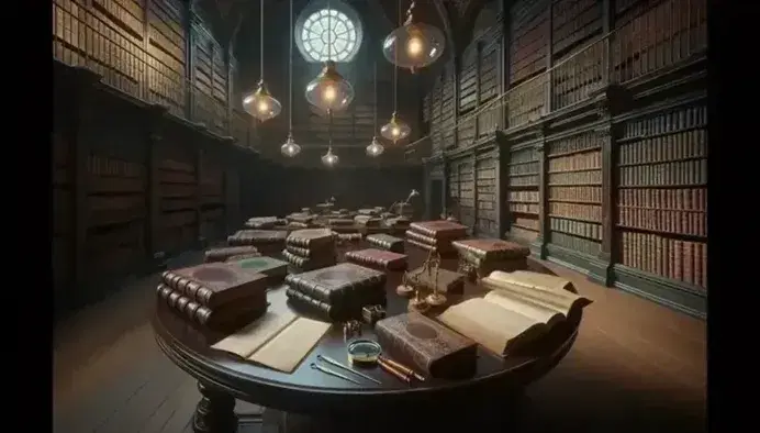 Biblioteca antica con scaffali in legno scuro pieni di libri rilegati, tavolo ovale con volumi aperti, luce naturale da finestra ad arco.