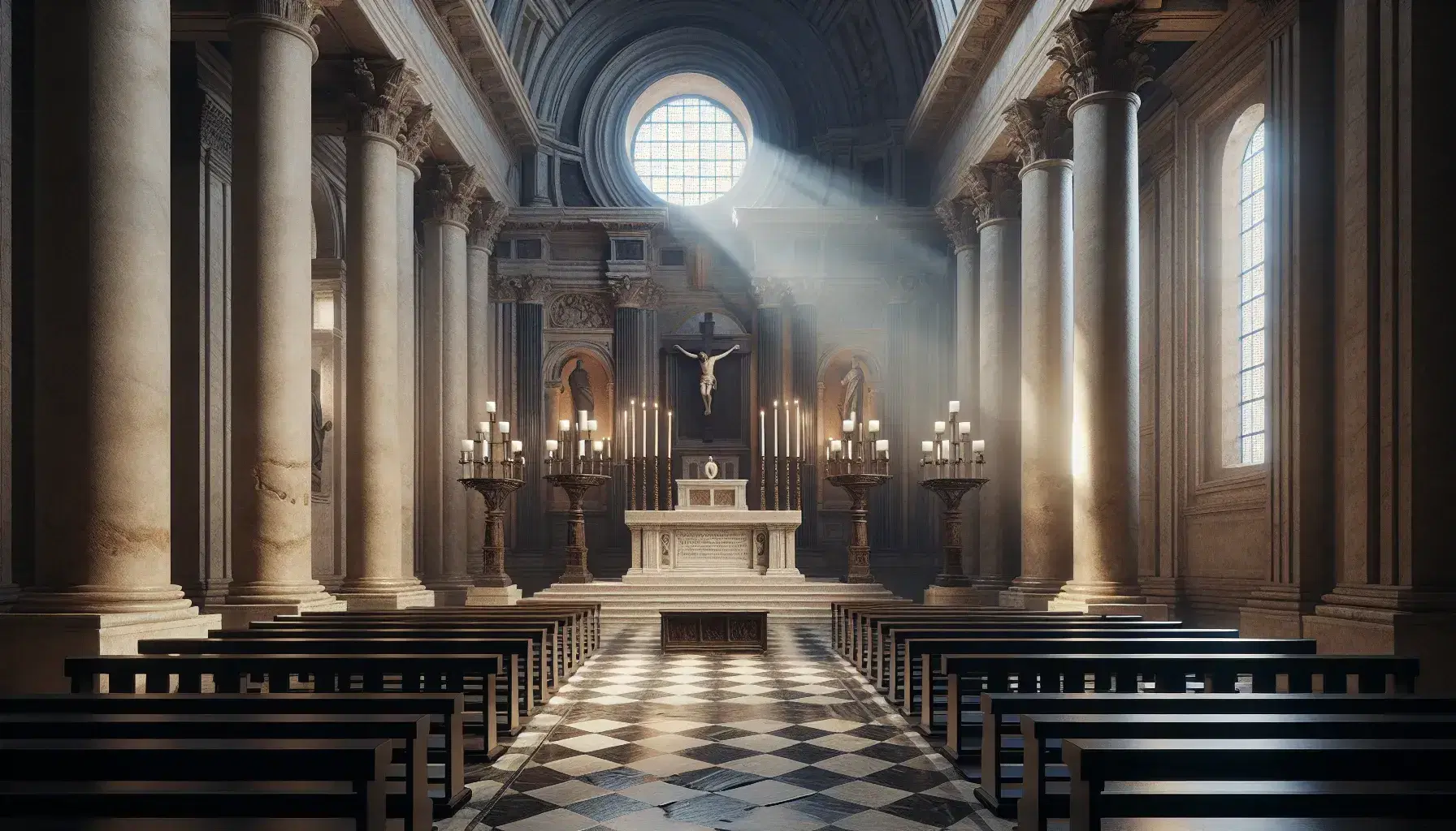 Interno di antica basilica con altare in marmo bianco, crocifisso in legno scuro, candelabri in bronzo e banchi in primo piano.