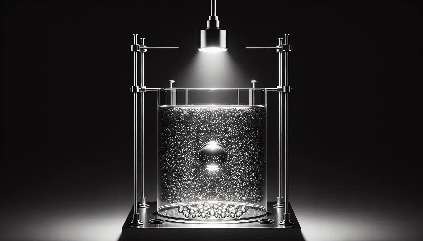 Close-up view of an oil-drop experiment with illuminated, varying-sized droplets suspended in a glass chamber, flanked by metal rods.