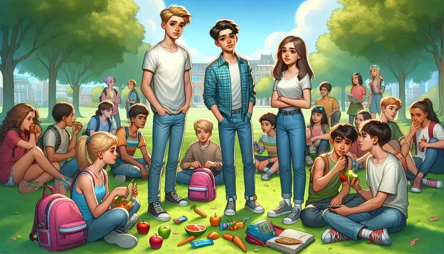 Grupo de adolescentes diversos disfrutando de un día soleado en un parque, con algunos sentados en el césped comiendo snacks saludables y otros de pie charlando.