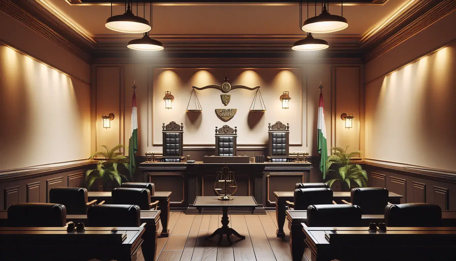 Sala de tribunal con paredes beige, suelo de madera oscura, mesa central, sillas con cojines negros, estrado con silla de juez y balanza de justicia, banderas a los lados y planta verde.