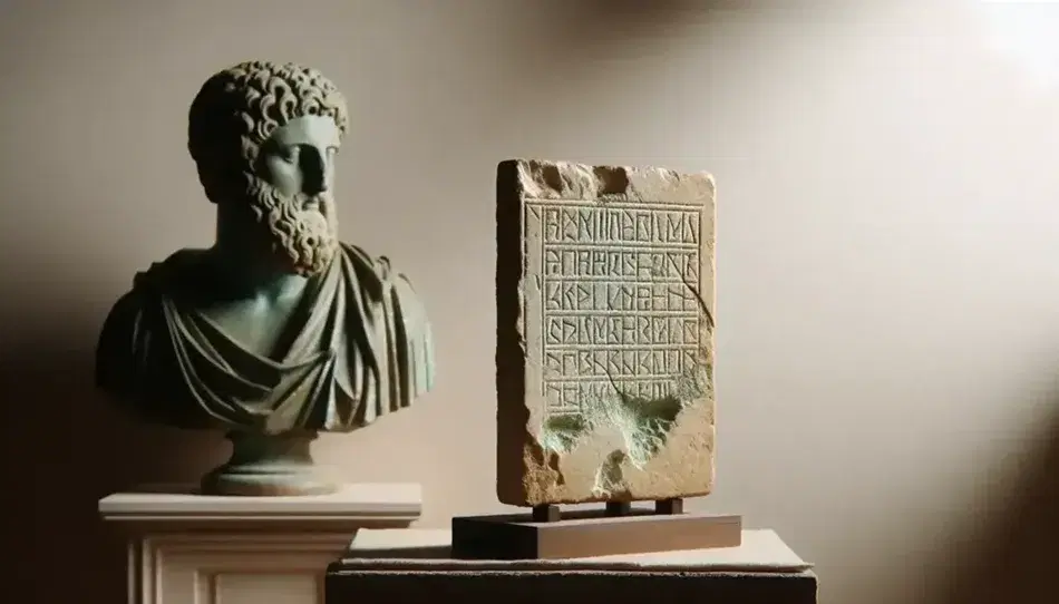 Eroded ancient Greek tablet on wooden pedestal with blurred bronze bust of Greek philosopher in background, against neutral wall.