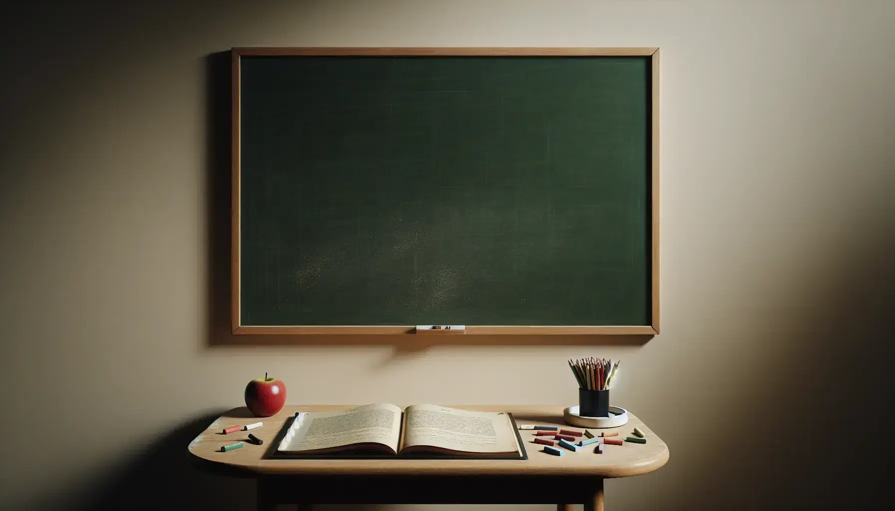 Pizarra verde oscuro sin escritura con tizas blancas y amarillas, libro abierto, manzana roja en plato y lápices de colores en vaso sobre mesa de madera frente a silla.