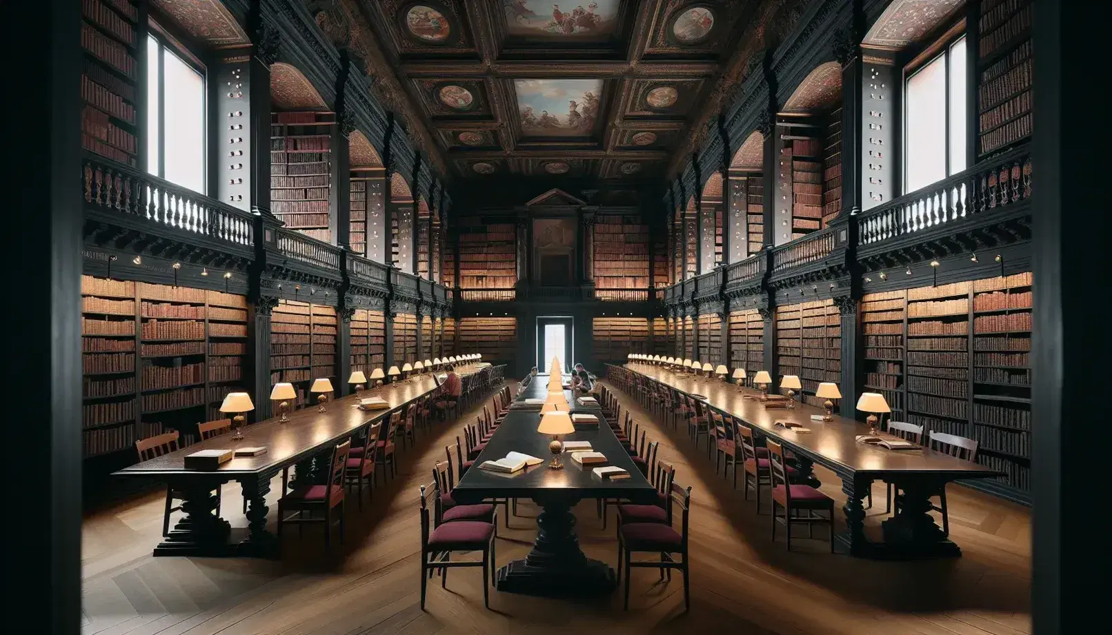 Sala lettura storica con tavolo in legno, sedie bordeaux, lampade vintage, scaffali pieni di libri rilegati e soffitto affrescato.