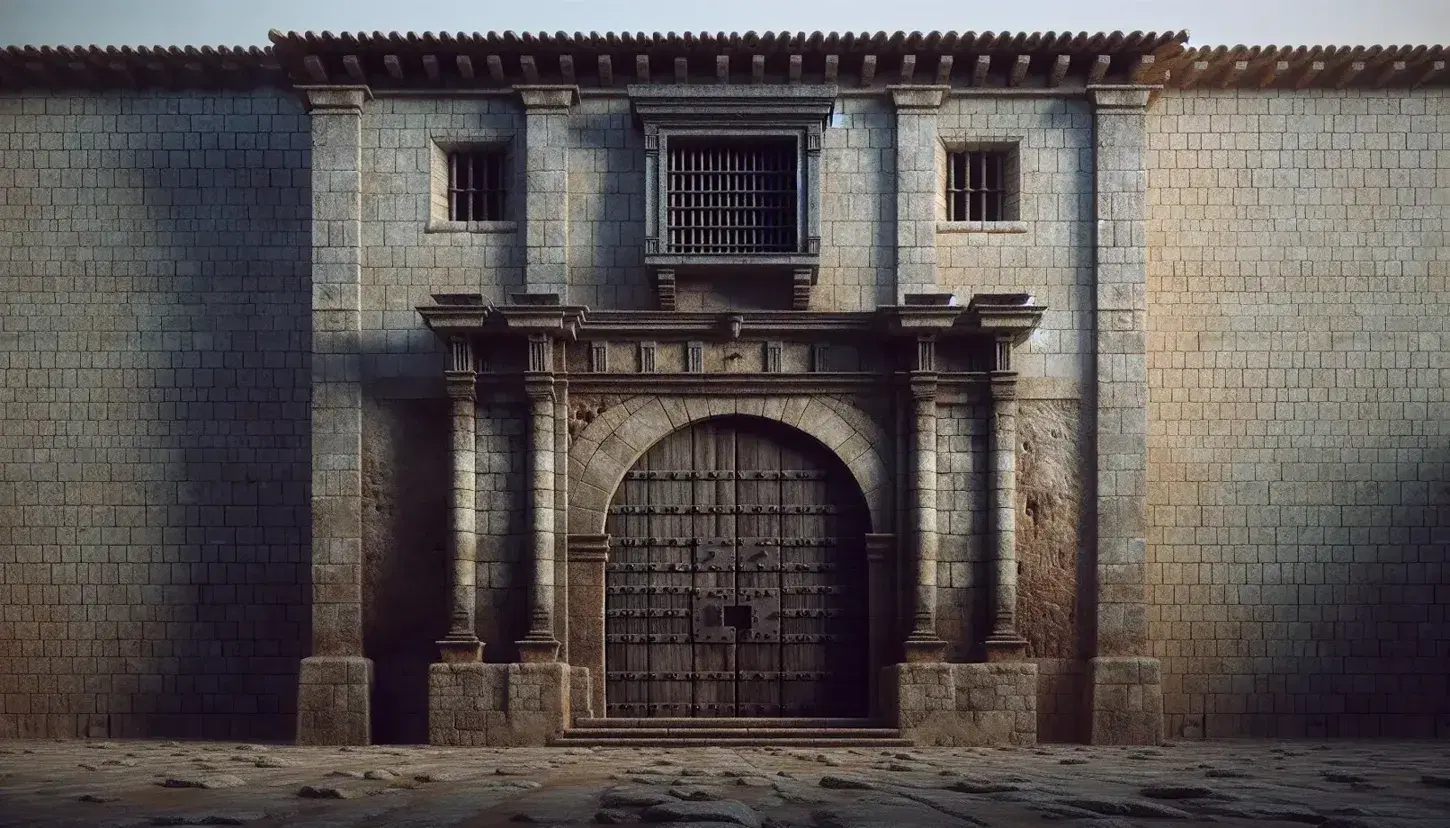 Ancient Spanish stone prison facade with a heavy studded wooden door, small barred window, and cobblestone ground under a clear blue sky.