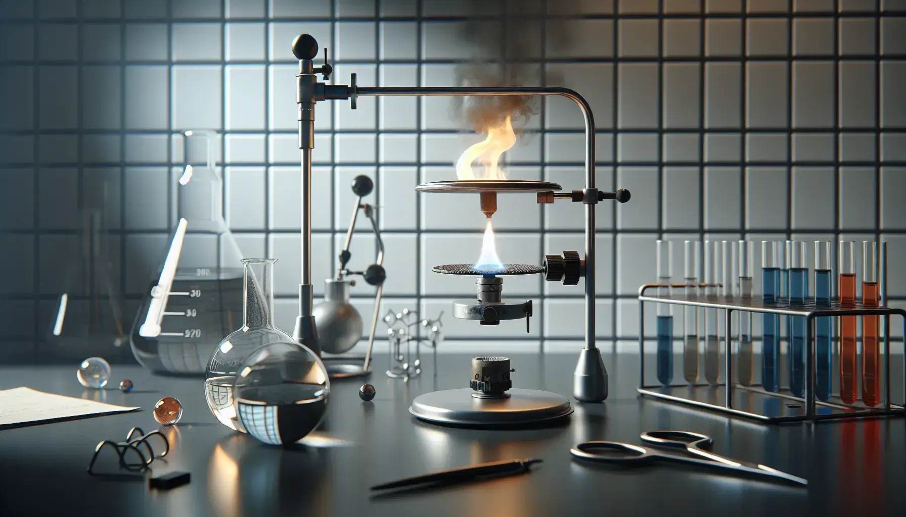 Escena de laboratorio científico con mesa gris, mechero Bunsen encendido, trípode con sustancia química ardiendo, matraz Erlenmeyer con líquido incoloro y tubo de ensayo con solución azul.