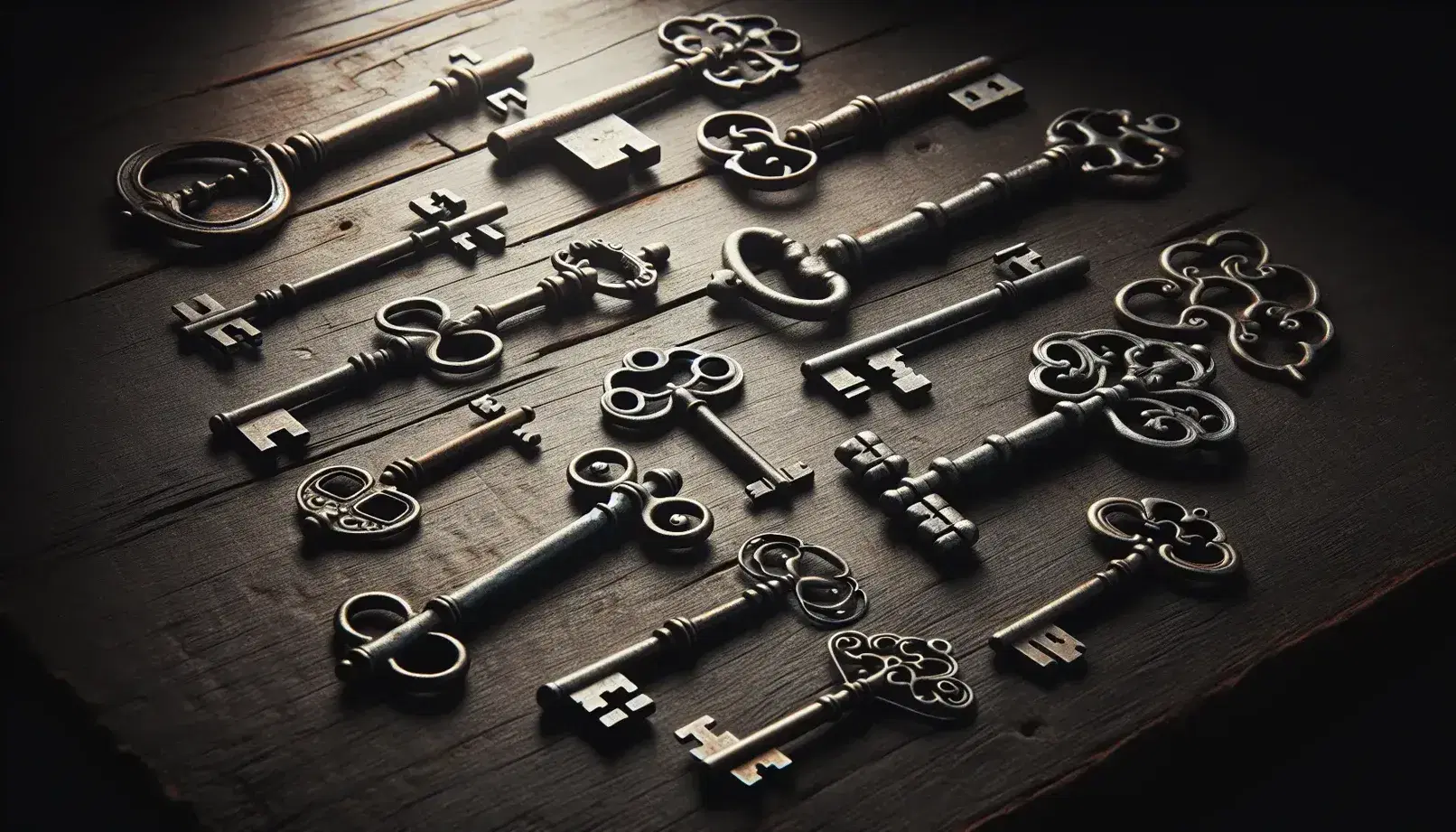 Conjunto de llaves antiguas de metal sobre superficie de madera oscura y desgastada, con diseños únicos y variados, iluminadas suavemente por la izquierda.