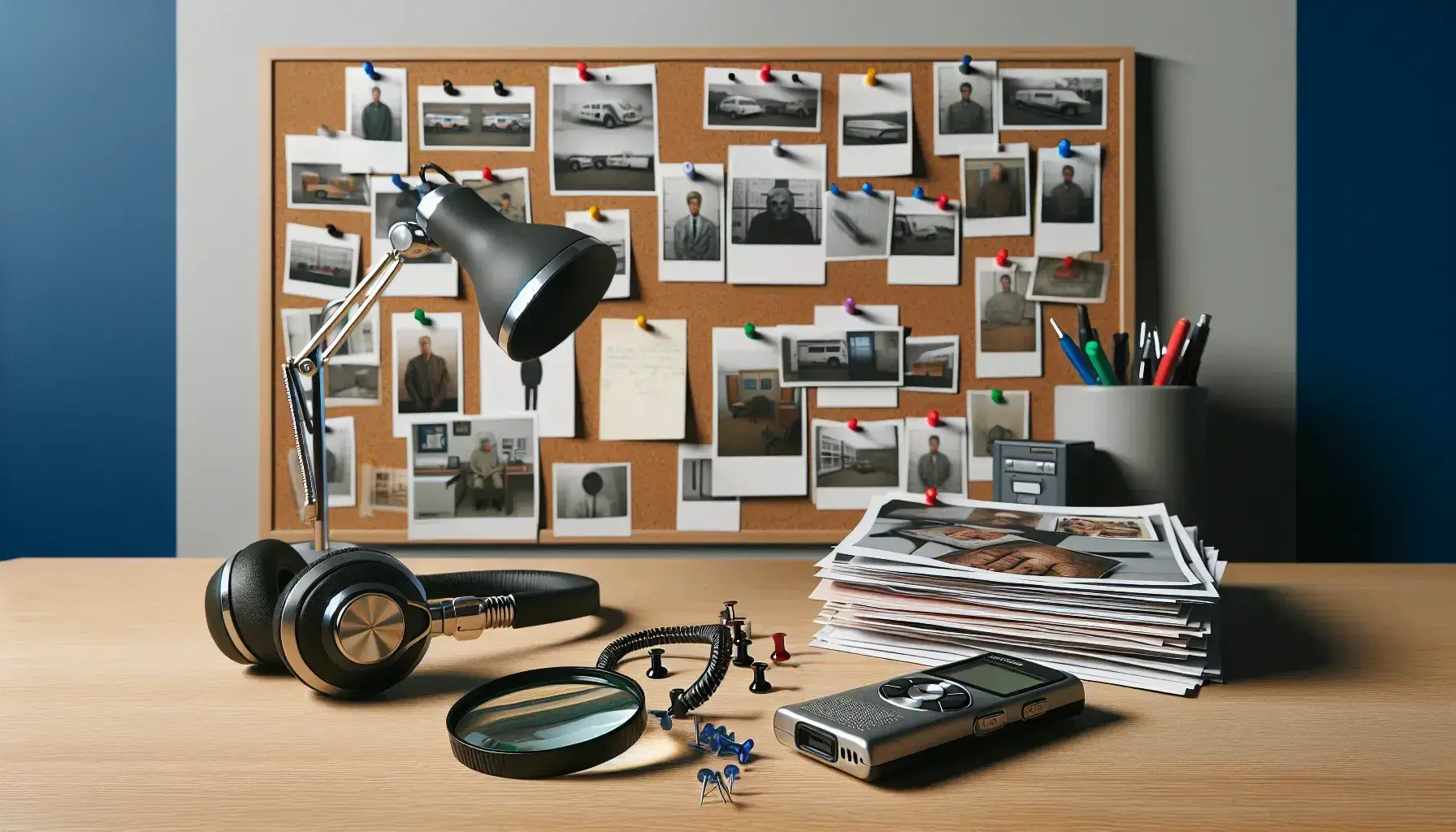 Workspace of a forensic psychologist with magnifying glass, color photo, voice recorder, headphones and microscope on wooden desk.