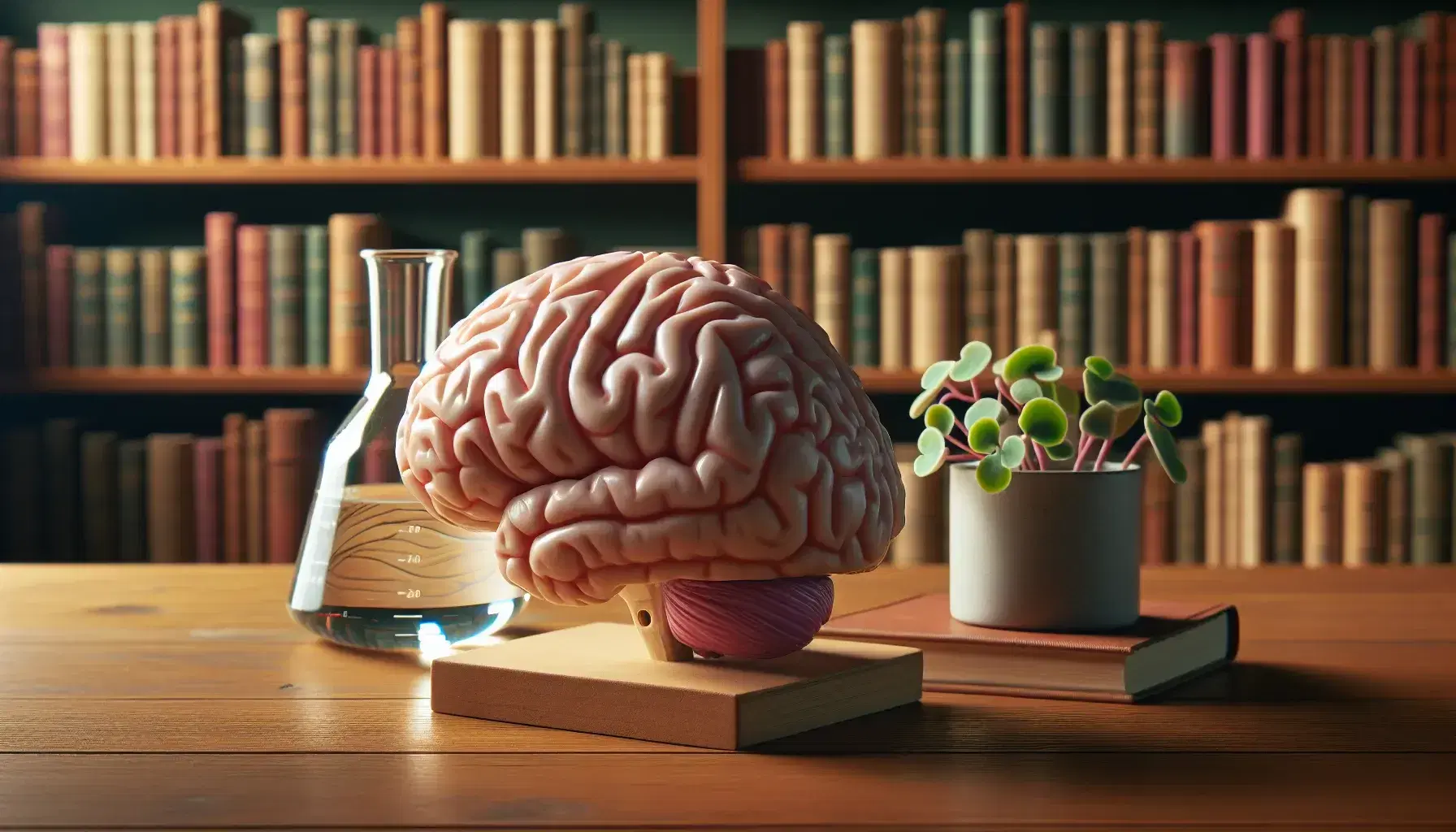 Detailed anatomical model of human brain on wooden desk, with transparent beaker and green plant, blurry bookshelves background.