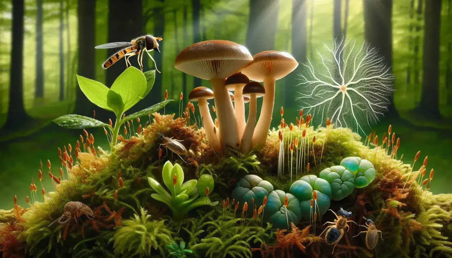 Fungo marrone chiaro su muschio verde con pianta a fiore giallo, insetto nero, alghe verdi e blu e struttura filamentosa bianca in una foresta.