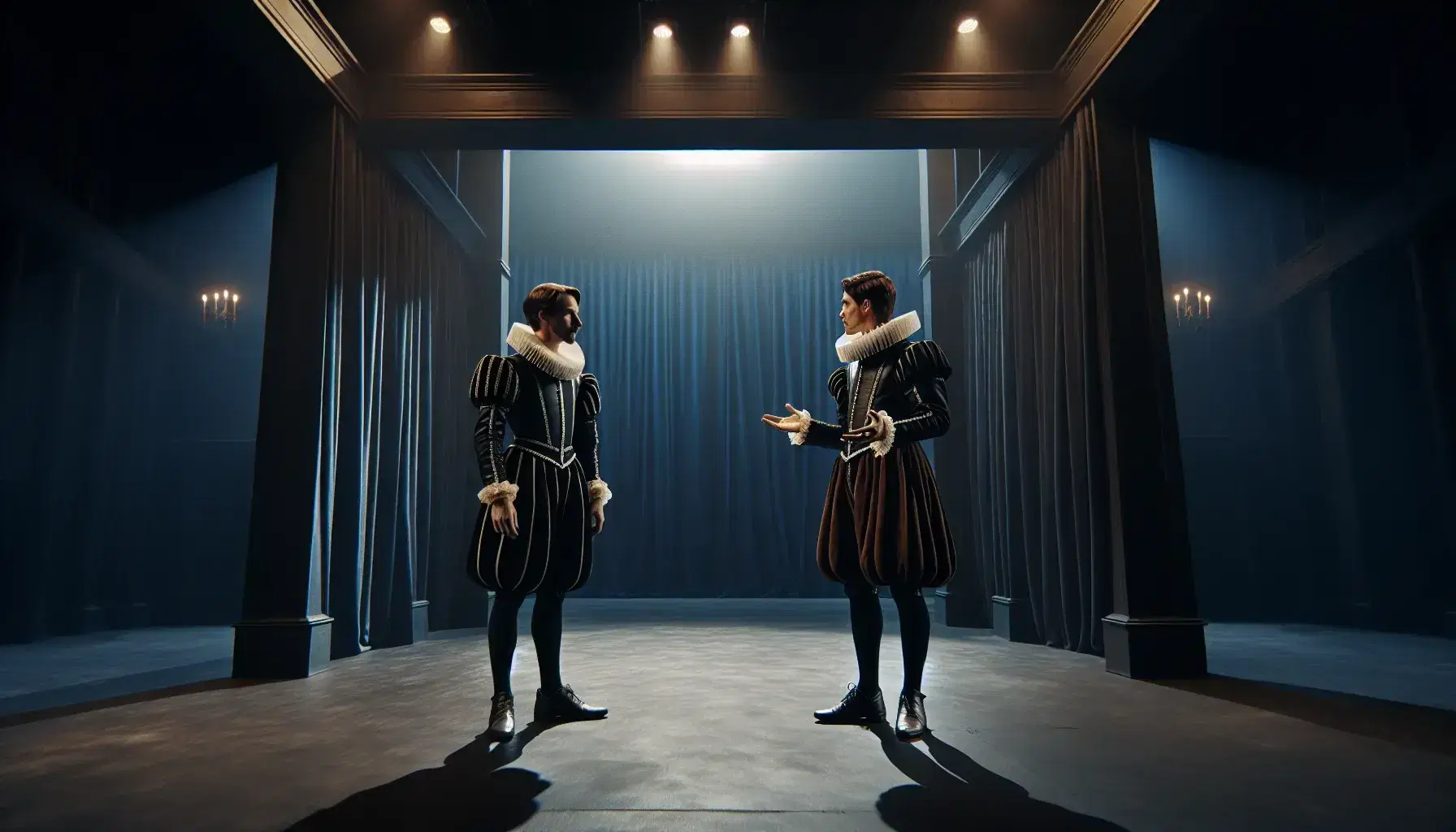 Two Elizabethan-era actors on a minimalist stage engage in a dramatic scene, with one gesturing and the other attentively listening against a deep blue backdrop.