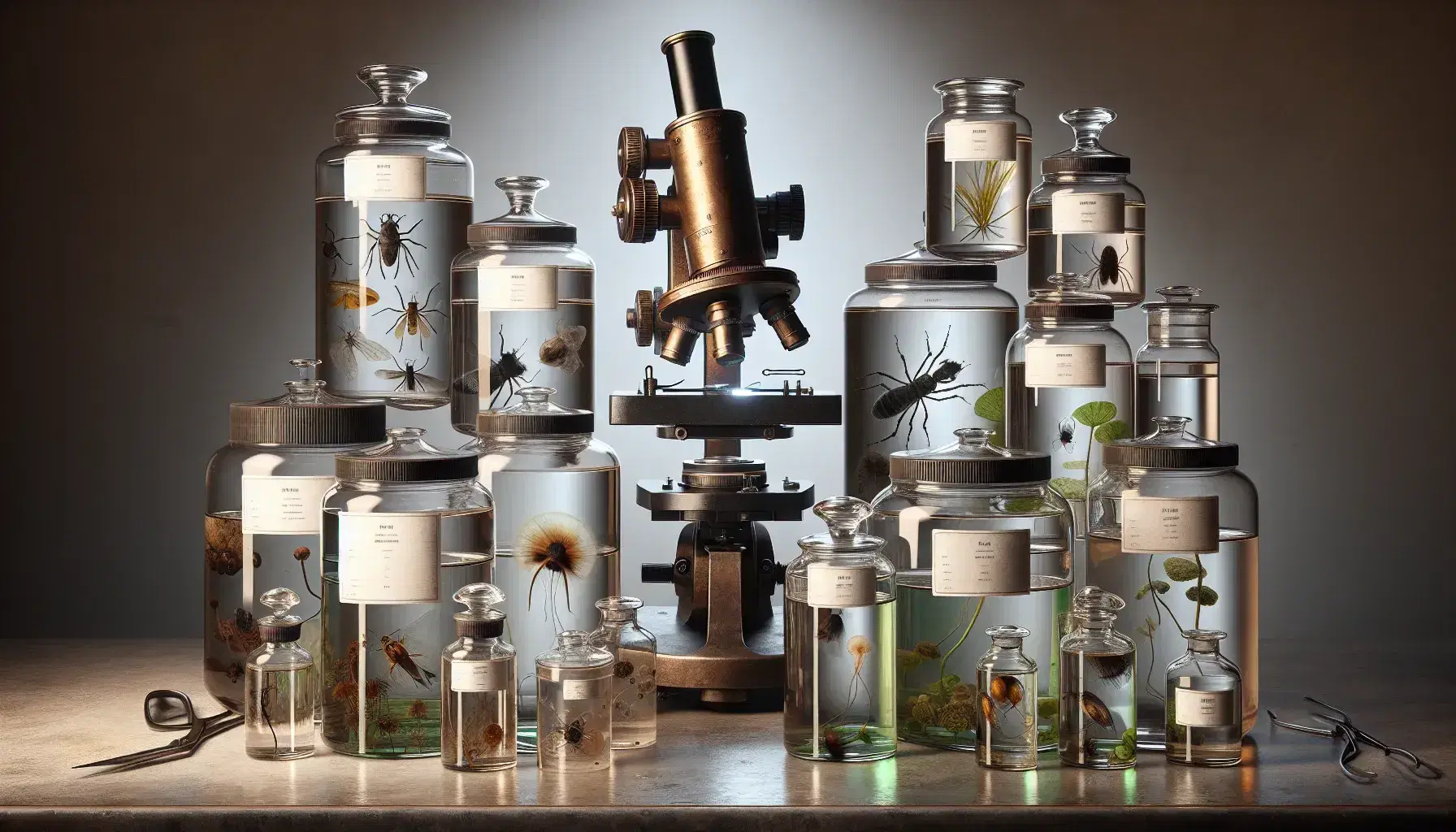 Frascos de vidrio con especímenes biológicos en líquido conservante y microscopio antiguo de metal con acabados en bronce en fondo neutro.