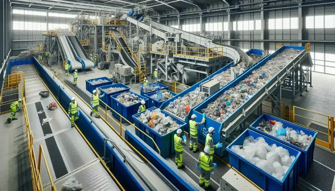 Modern Spanish recycling facility with workers sorting materials on a conveyor belt, blue bins for separated recyclables, and clean industrial interior.