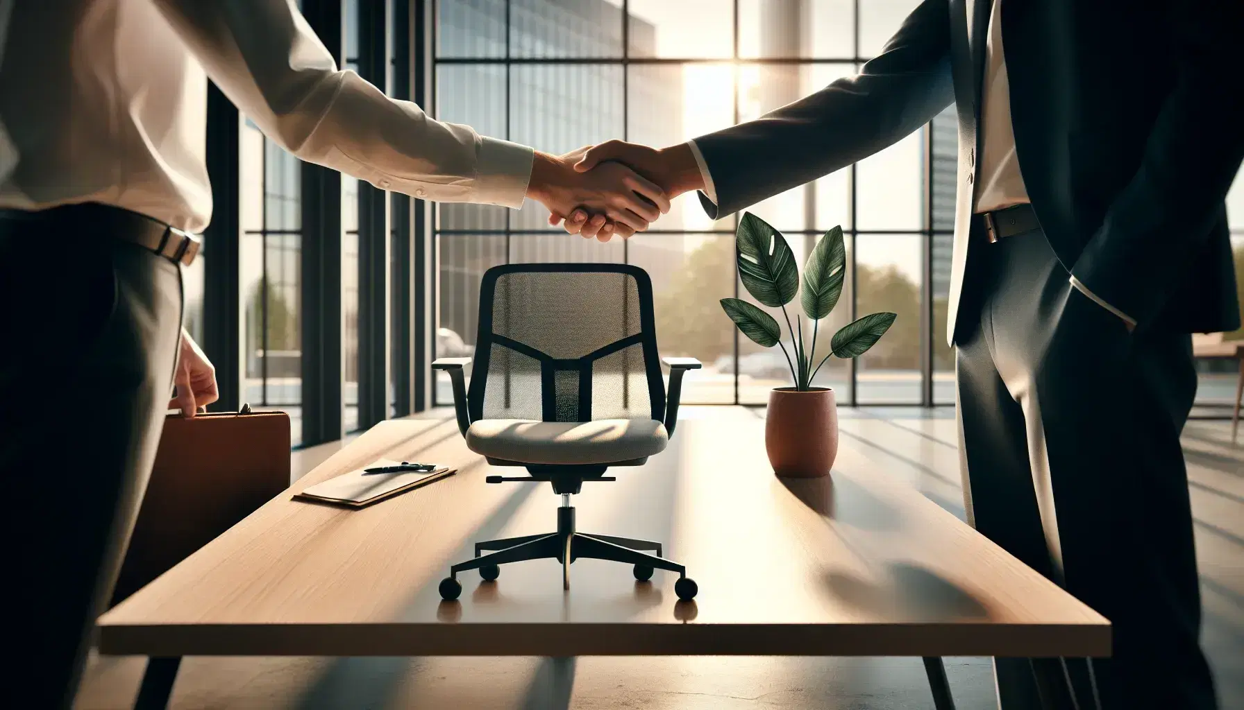 Apretón de manos sobre mesa de madera en oficina moderna iluminada, con silla ergonómica, planta y ventana con vista a edificios.