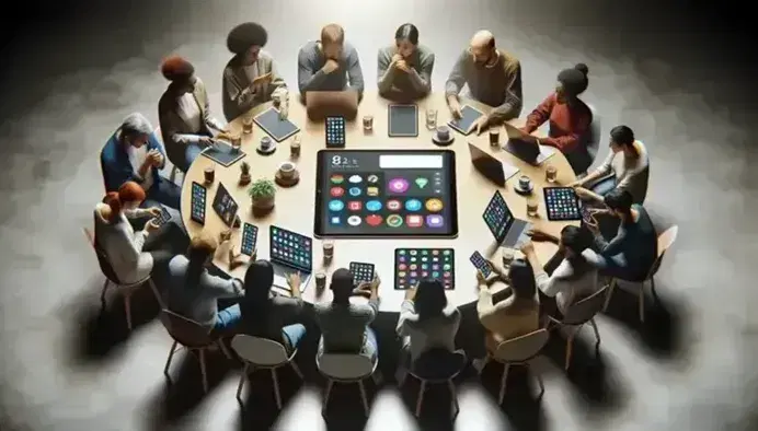 Grupo diverso de personas interactuando con dispositivos electrónicos en una mesa redonda, en un ambiente cálido y acogedor.