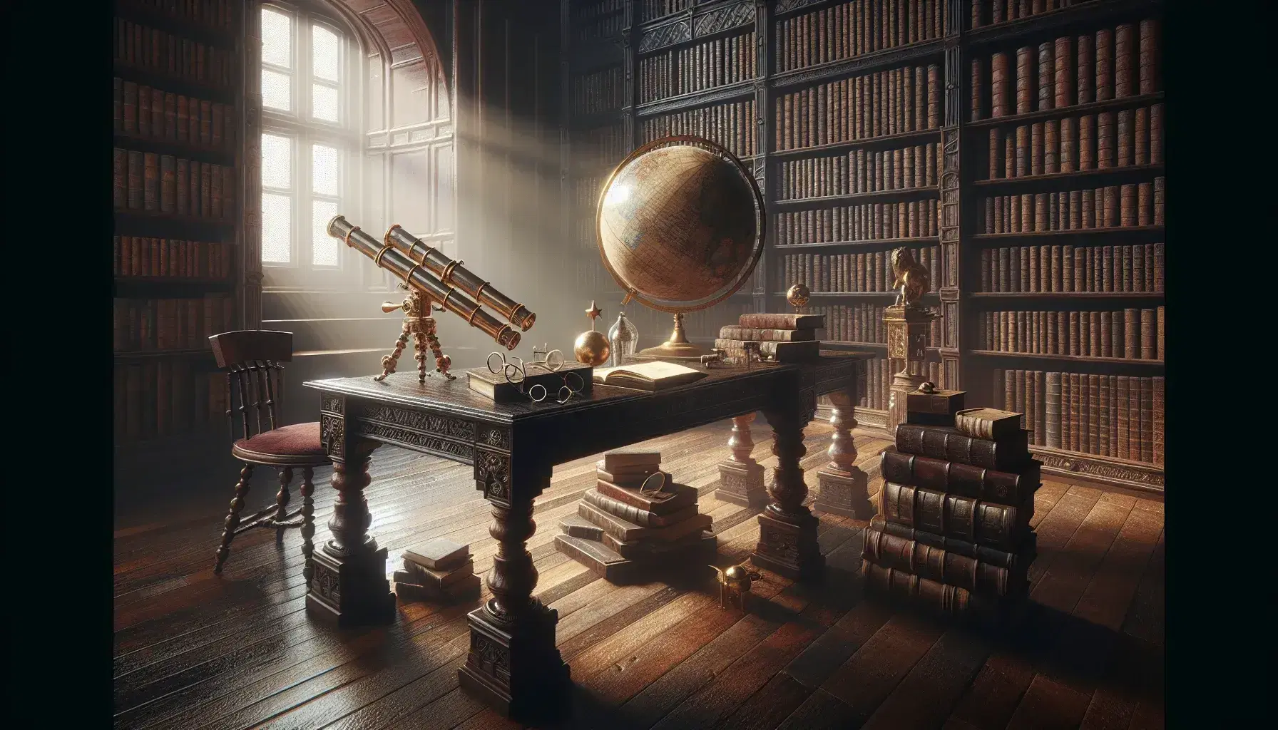 Biblioteca antigua con mesa de madera oscura, globo terráqueo, lentes dorados y telescopio de latón bajo la luz natural de una ventana, rodeados de estantes con libros encuadernados.