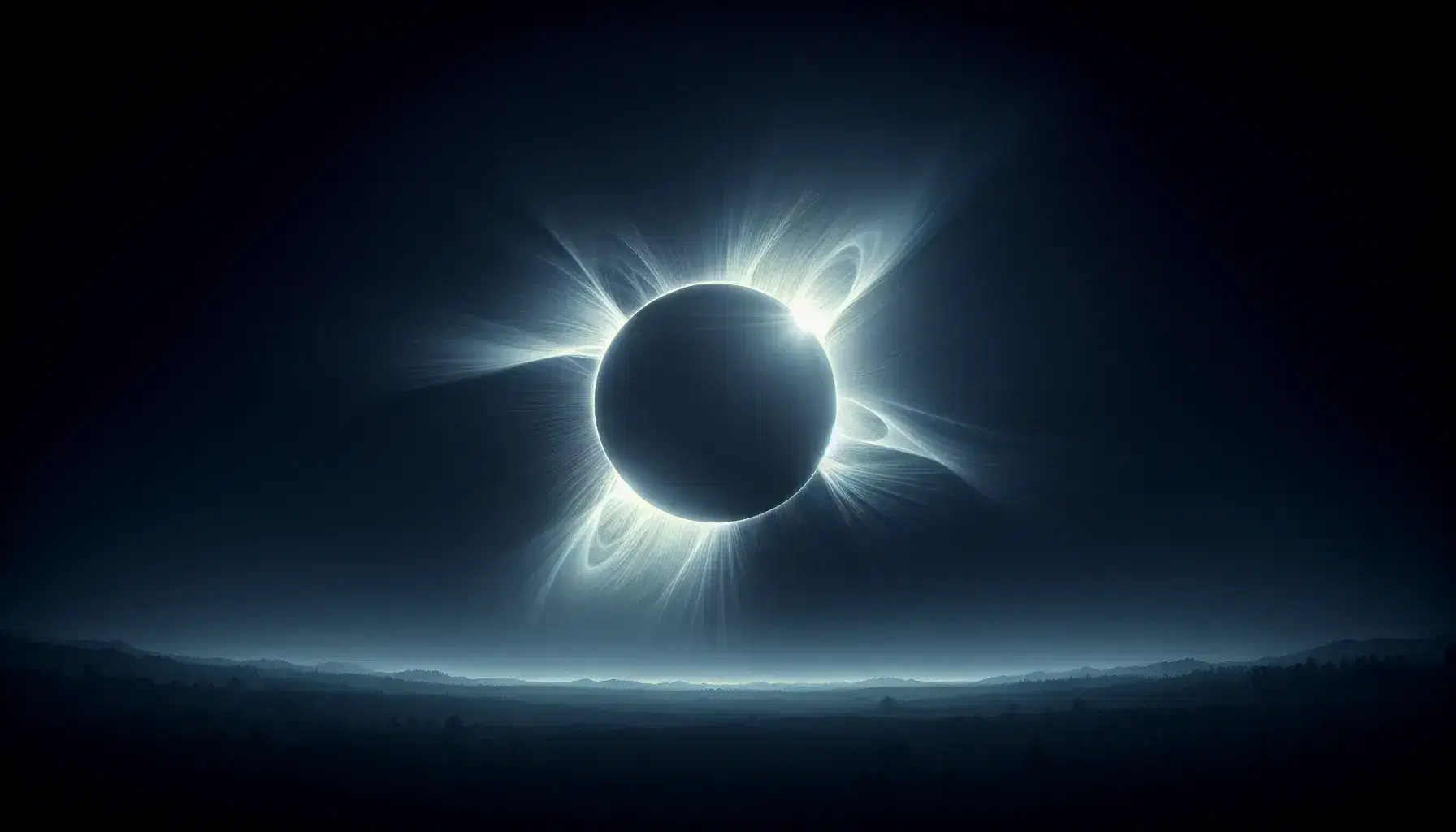 Total solar eclipse with visible solar corona and sky gradient from dark to light blue, silhouette of trees in the foreground.
