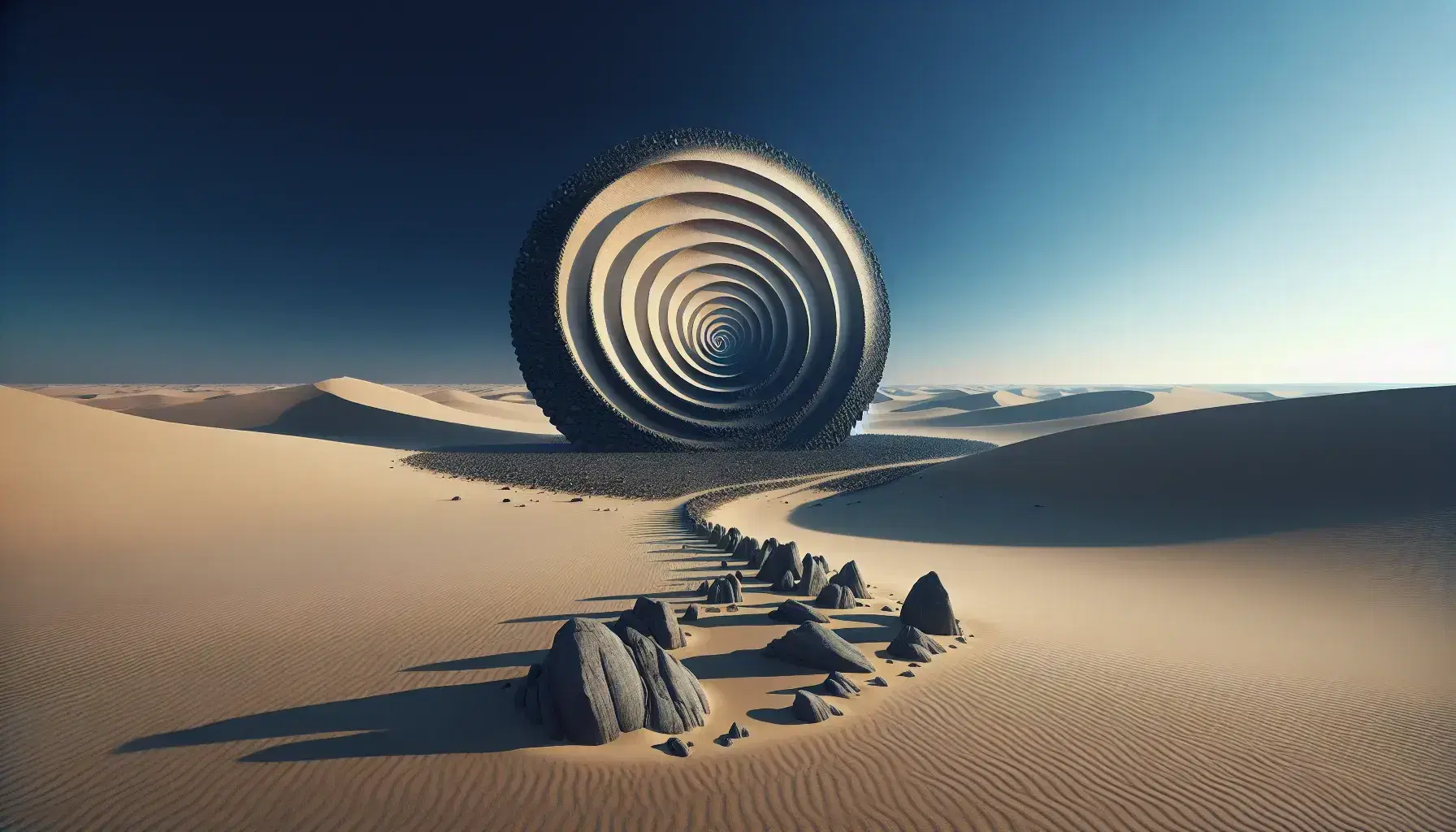 Paesaggio desertico con spirale di pietre scure al centro, formazioni rocciose grigie a sinistra e cielo azzurro senza nuvole.
