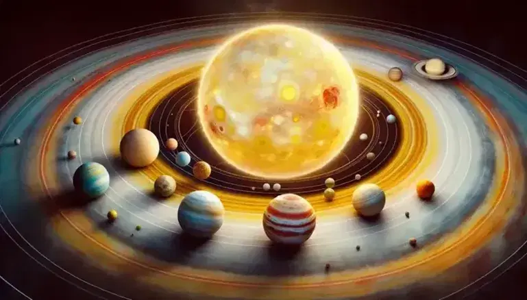 Rappresentazione artistica del Sistema Solare con il Sole al centro e otto pianeti su orbite ellittiche, ciascuno con colori e texture distintivi.