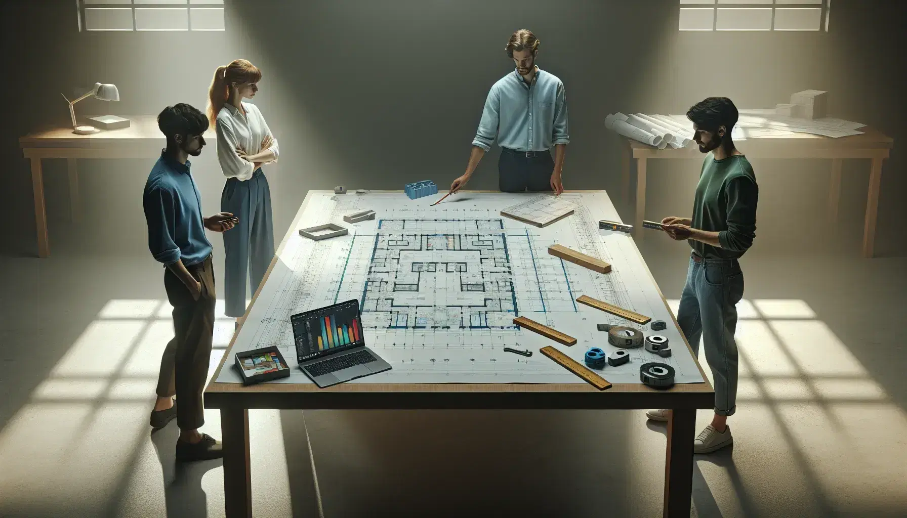 Tres profesionales analizan un plano arquitectónico sobre una mesa de trabajo con herramientas de medición y un portátil mostrando gráficos de colores.
