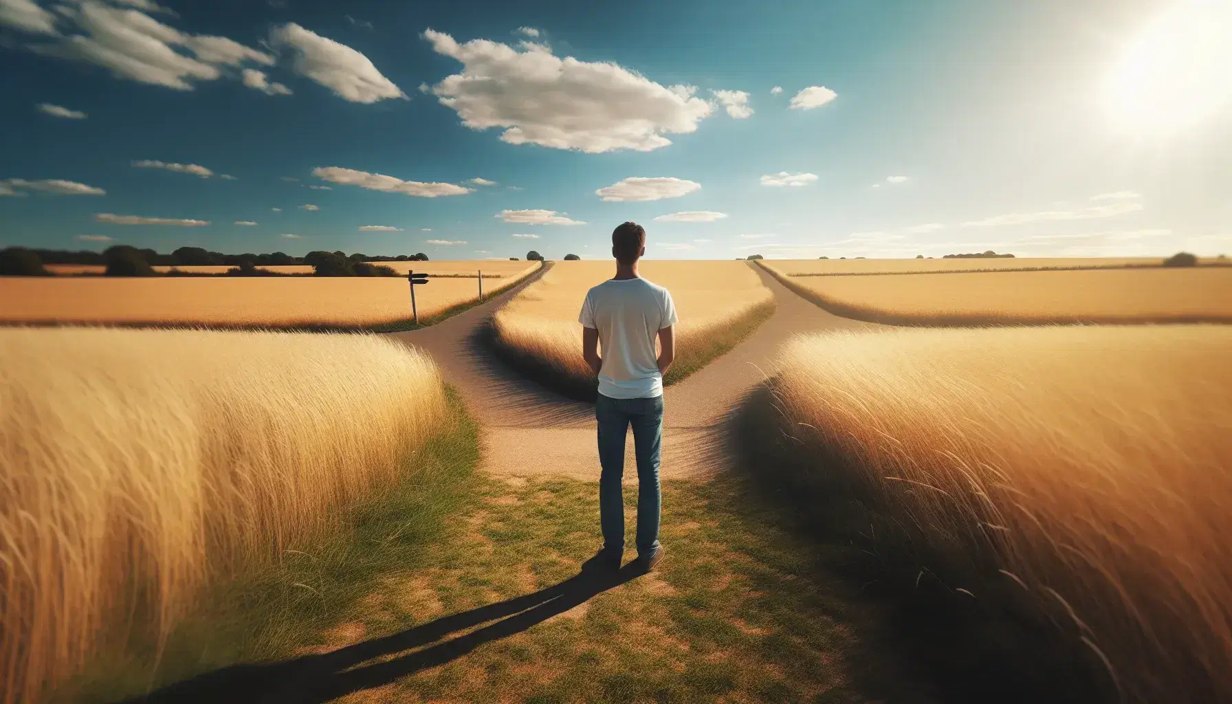 Person standing at a crossroads on a yellow field, with two paths diverging on a clear day and blue sky with scattered clouds.