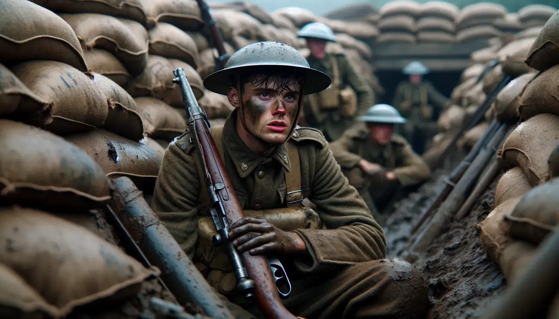 Soldato giovane in uniforme militare sporca e casco nella trincea della Prima Guerra Mondiale, circondato da sacchi di sabbia e attrezzatura militare.