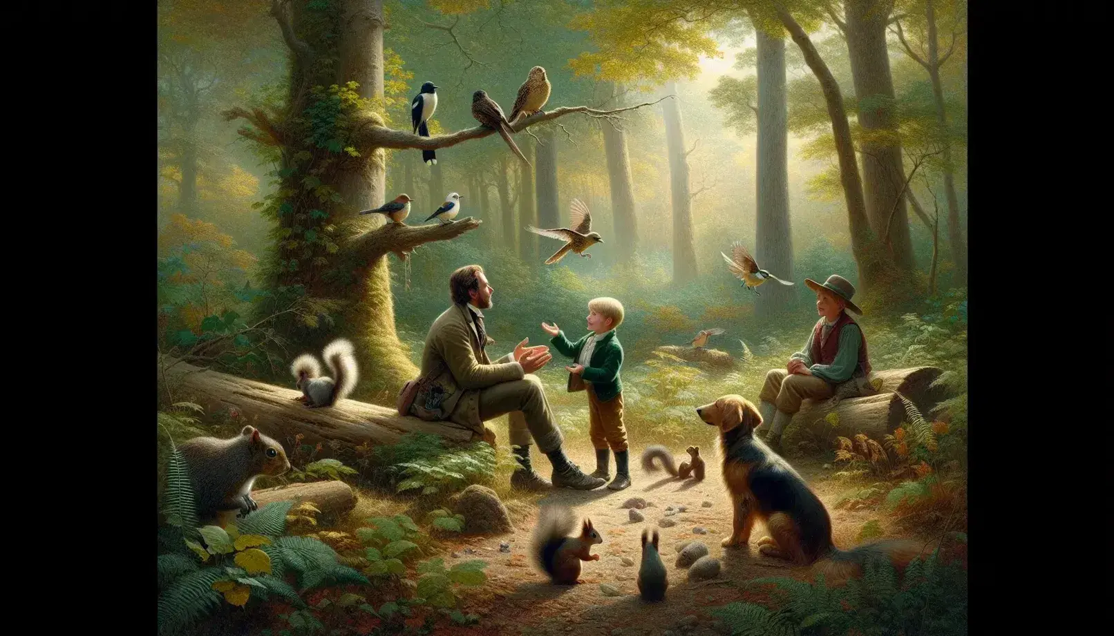 A child and two adults converse in a clearing surrounded by vegetation, with birds, a squirrel and a dog attentive to their surroundings.
