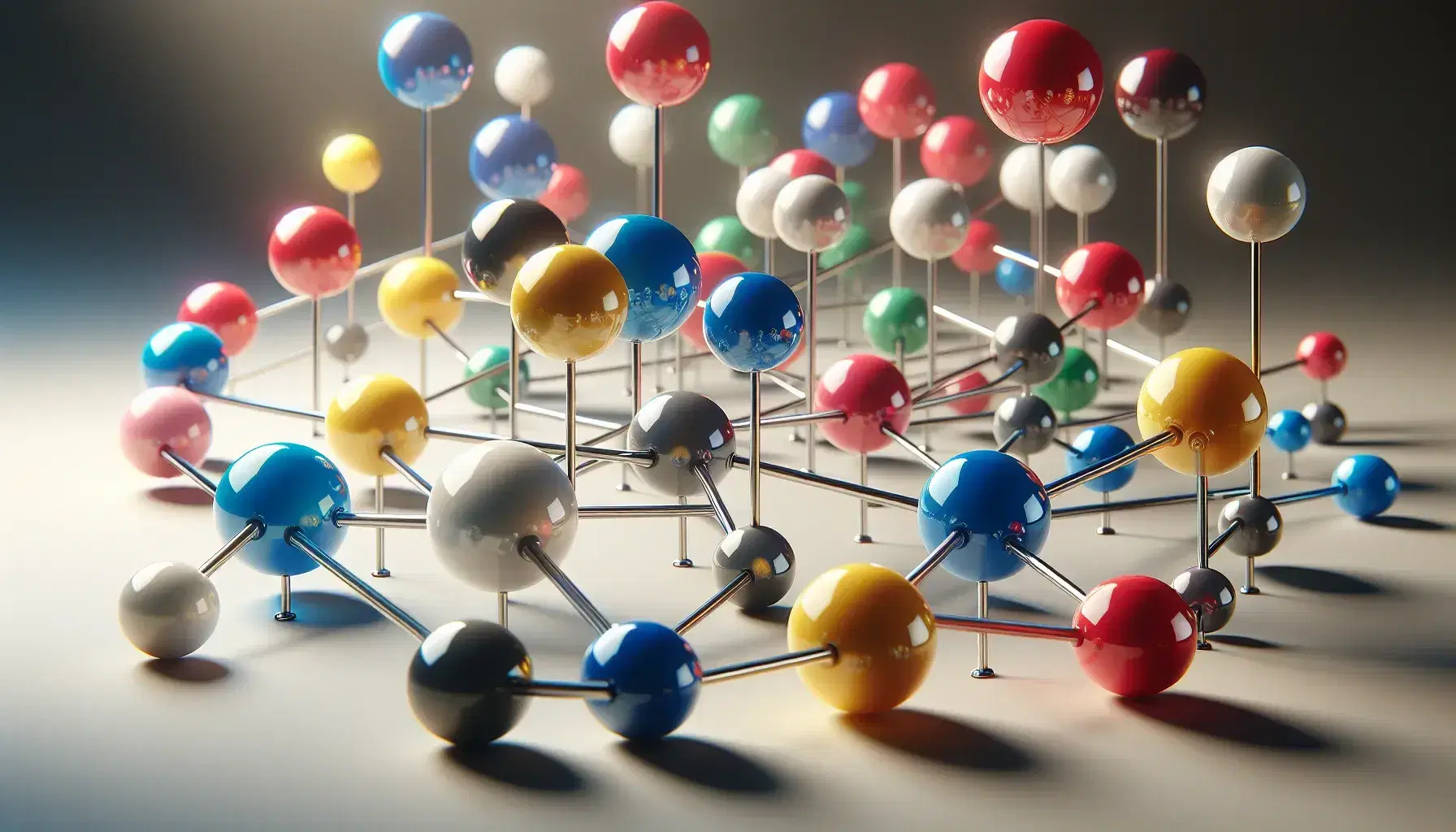 Modelo molecular tridimensional con esferas de colores vivos unidas por varillas grises y negras, destacando su estructura simétrica y complejidad.