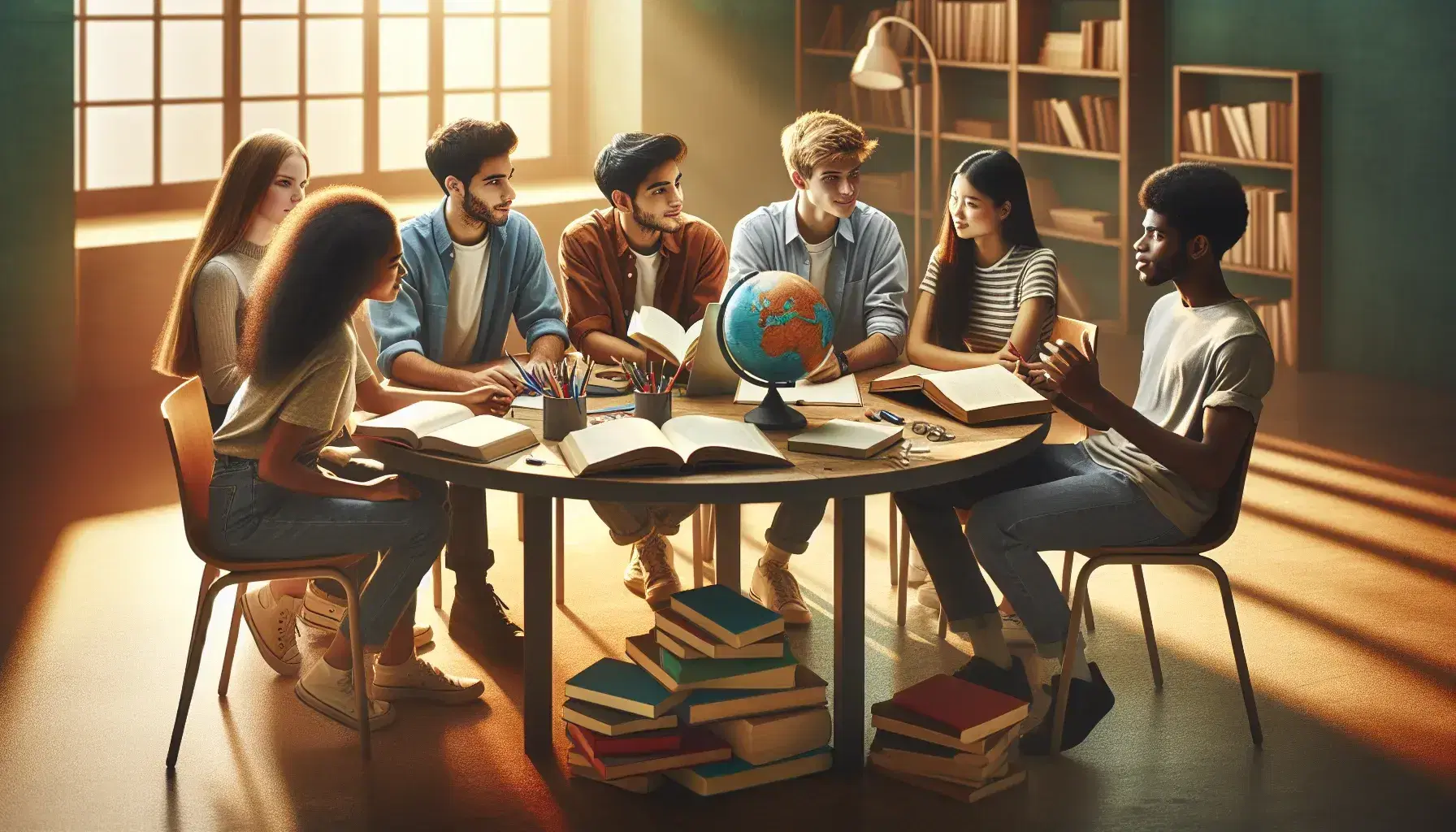 Grupo diverso de estudiantes debatiendo en torno a una mesa redonda con libros, un globo y un portátil en una sala iluminada naturalmente.