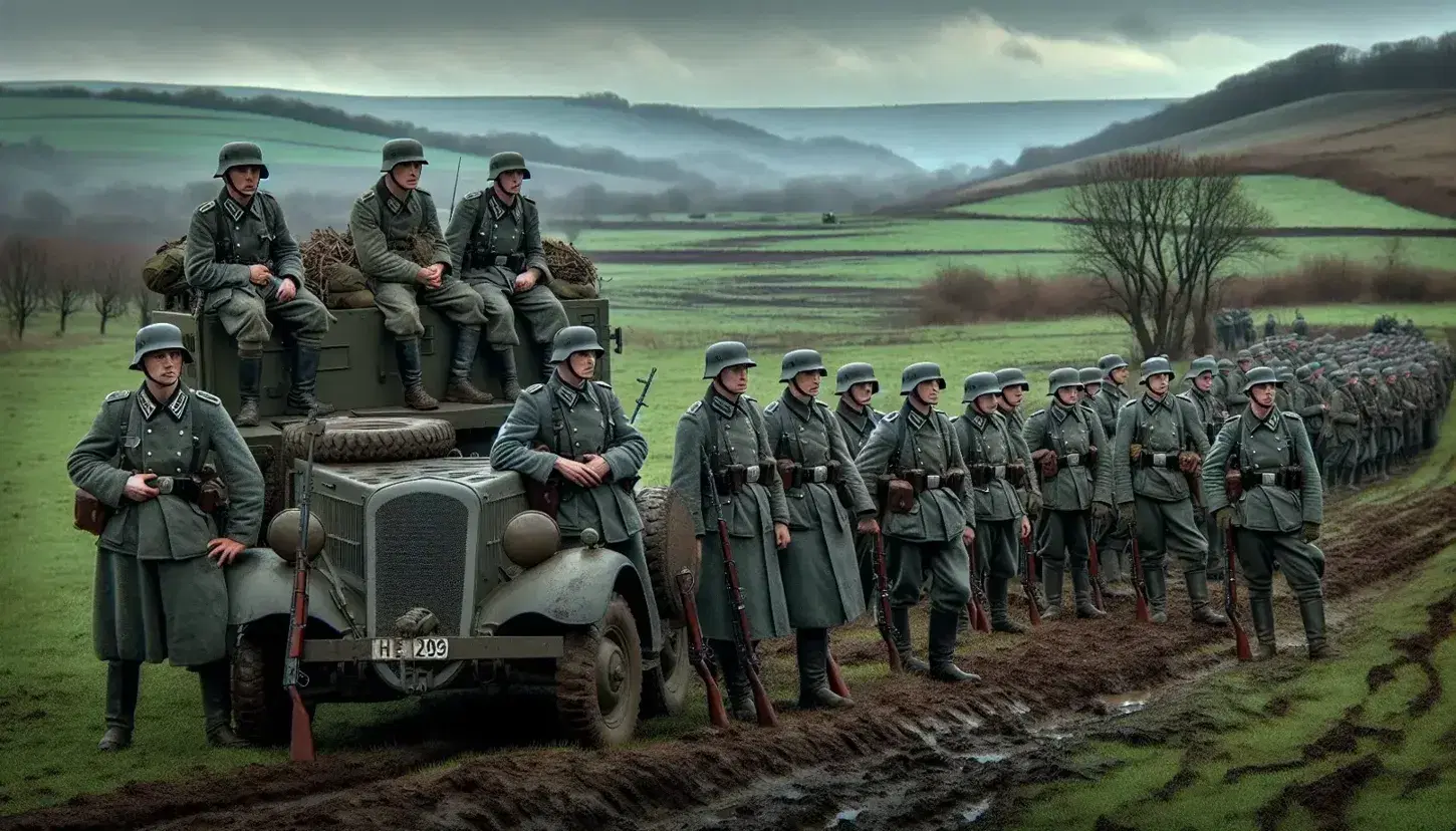 1930s German soldiers in field grey uniforms with rifles line up in Rhineland landscape, overcast sky above, armored car and stone bridge nearby.