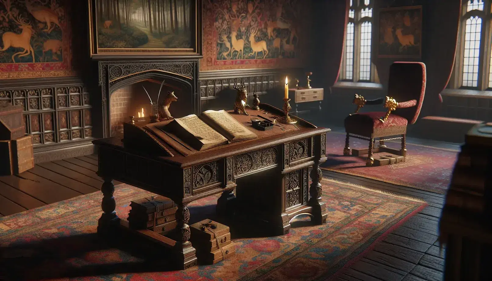 Tudor-style study with carved wooden desk, open book, quill, candle, and red velvet chair, adorned by tapestries and overlooking a garden.