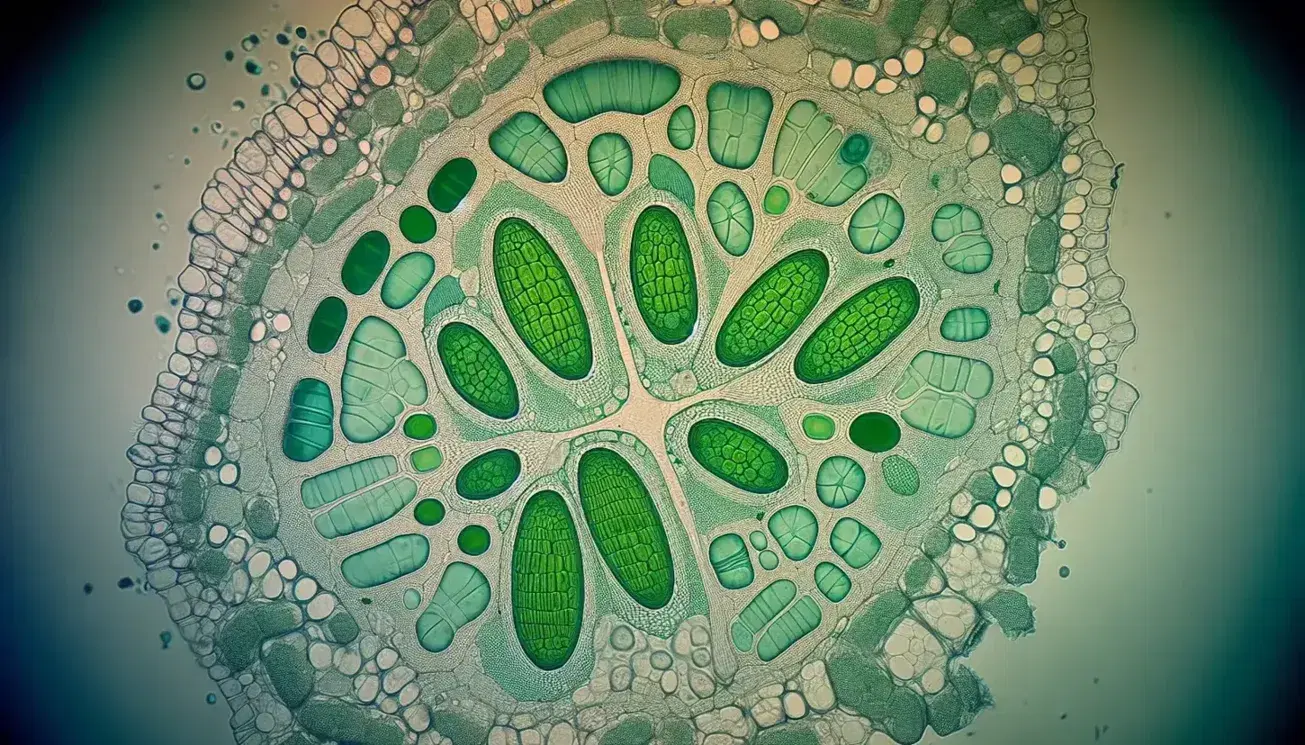 Micrografía electrónica en color mostrando la sección transversal de una hoja de planta con células, paredes celulares, cloroplastos verdes y grandes vacuolas.