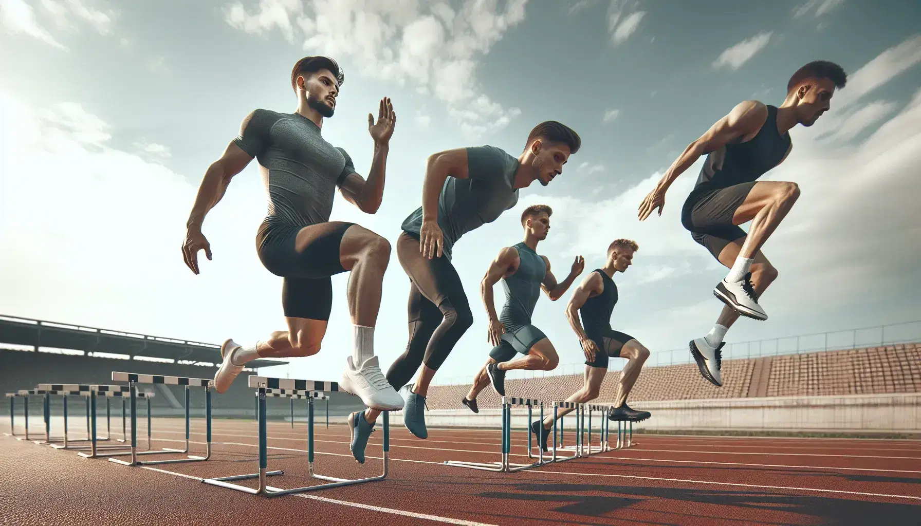 Atleti in allenamento su pista di atletica all'aperto eseguono sprint, salti su ostacoli e esercizi di coordinazione sotto un cielo azzurro.