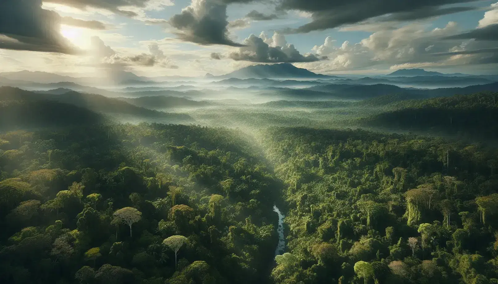 Vista aerea di una foresta pluviale con fitta vegetazione verde, un fiume serpeggiante e montagne nebbiose in lontananza sotto un cielo parzialmente nuvoloso.