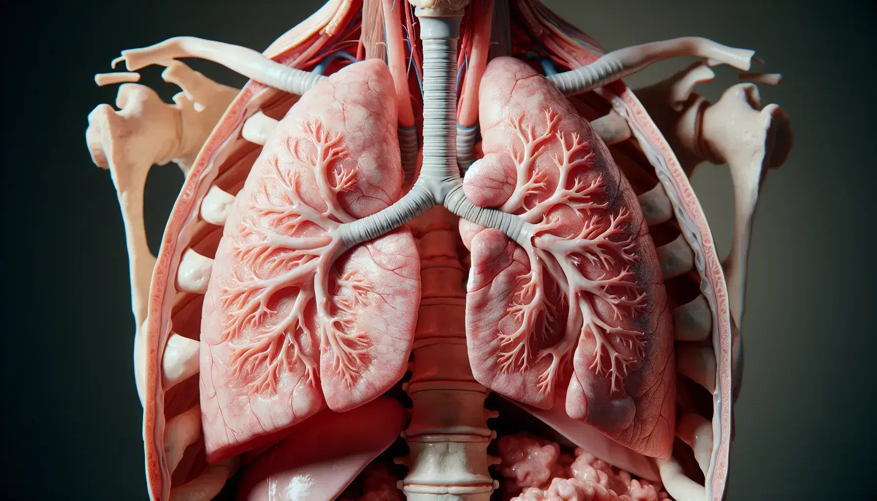 Pulmones humanos sanos en detalle con tráquea bifurcada en bronquios principales, rodeados de costillas y parte de la columna, en una disección anatómica limpia.