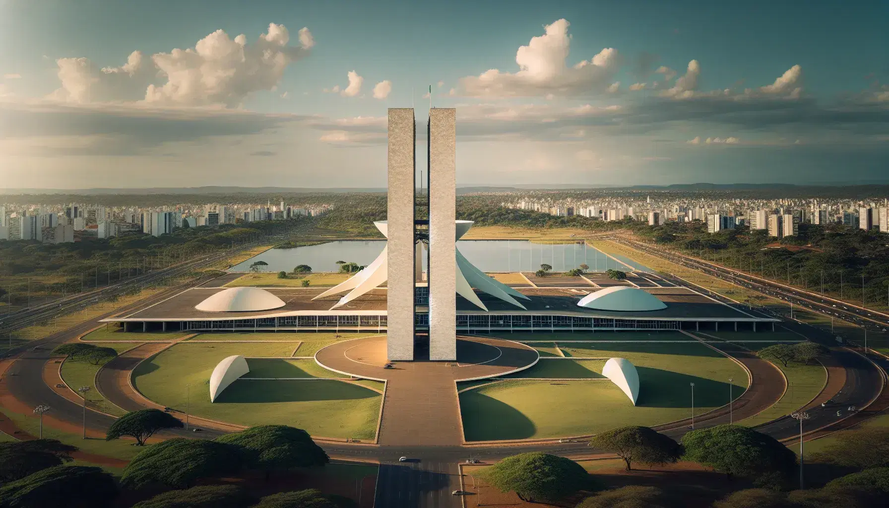 Vista aerea del Congresso Nazionale del Brasile a Brasília, con torri verticali e semisfere su base piatta, circondato da aree verdi.