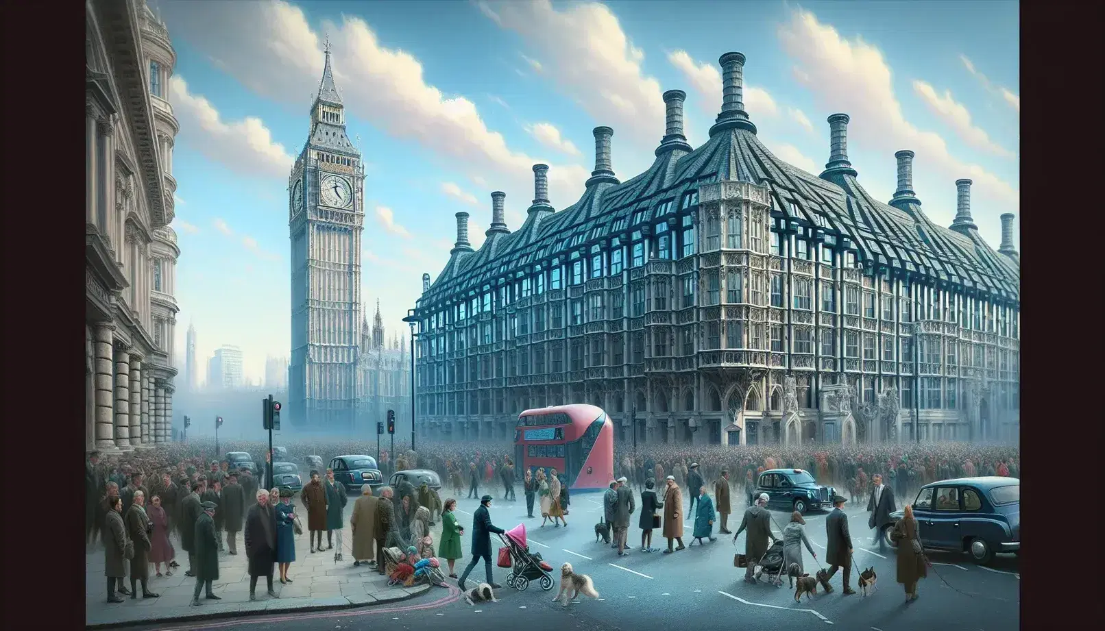 Busy London scene outside the gothic Parliament building with Big Ben, diverse pedestrians, the River Thames, black cabs, and red buses under a pastel blue sky.