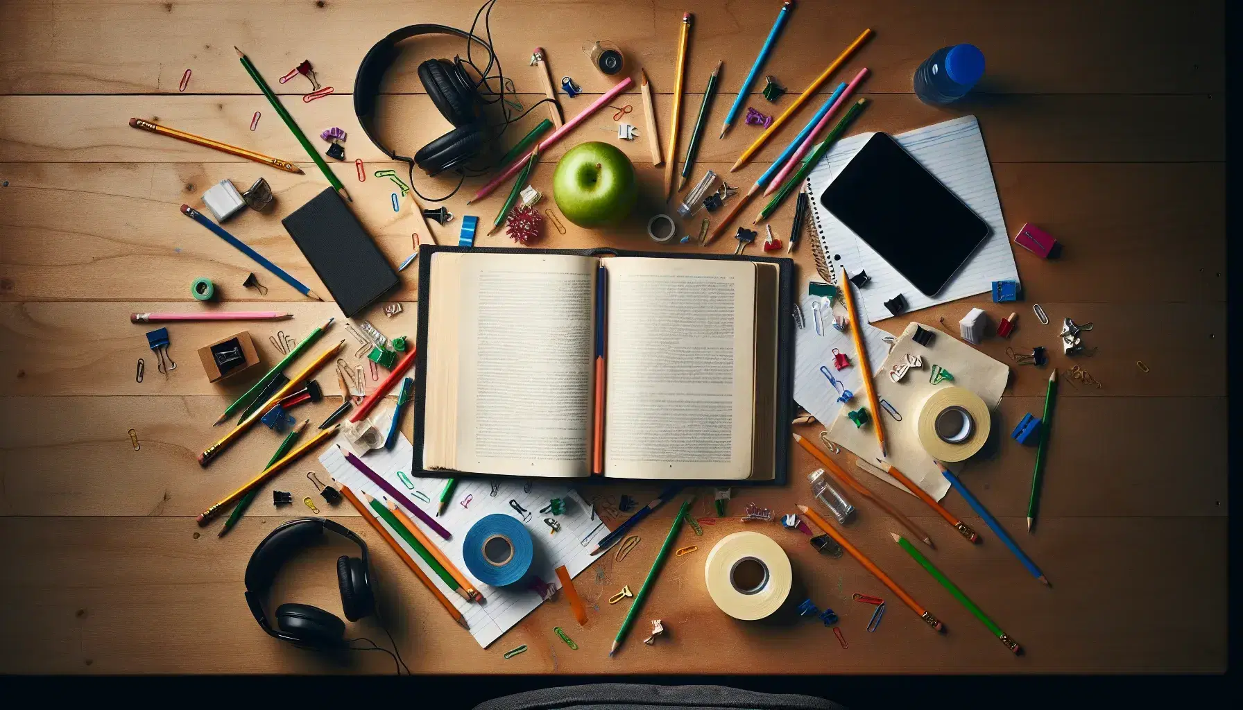 Messy wooden desk with open book without text, scattered colored pencils, tape dispenser, black headphones, green apple and blue water bottle.