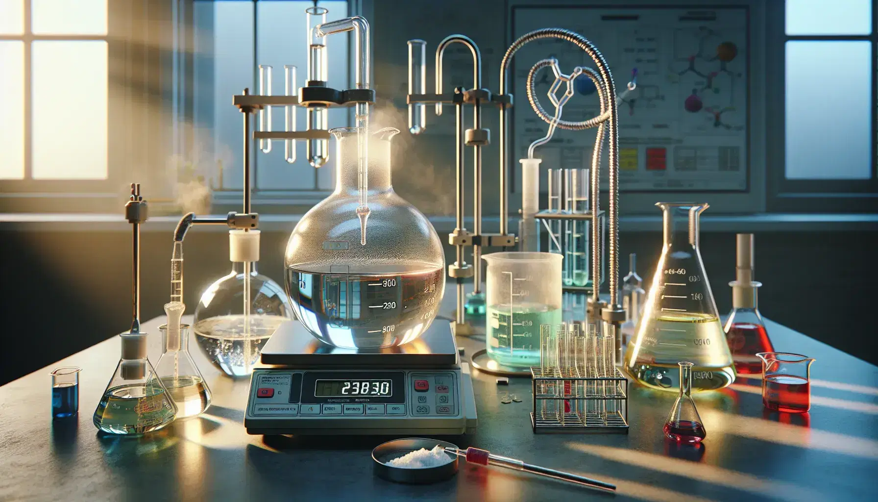 Laboratorio scientifico con strumenti di misura, becher con liquido incolore, bilancia analitica, provette colorate e apparecchiatura di distillazione.