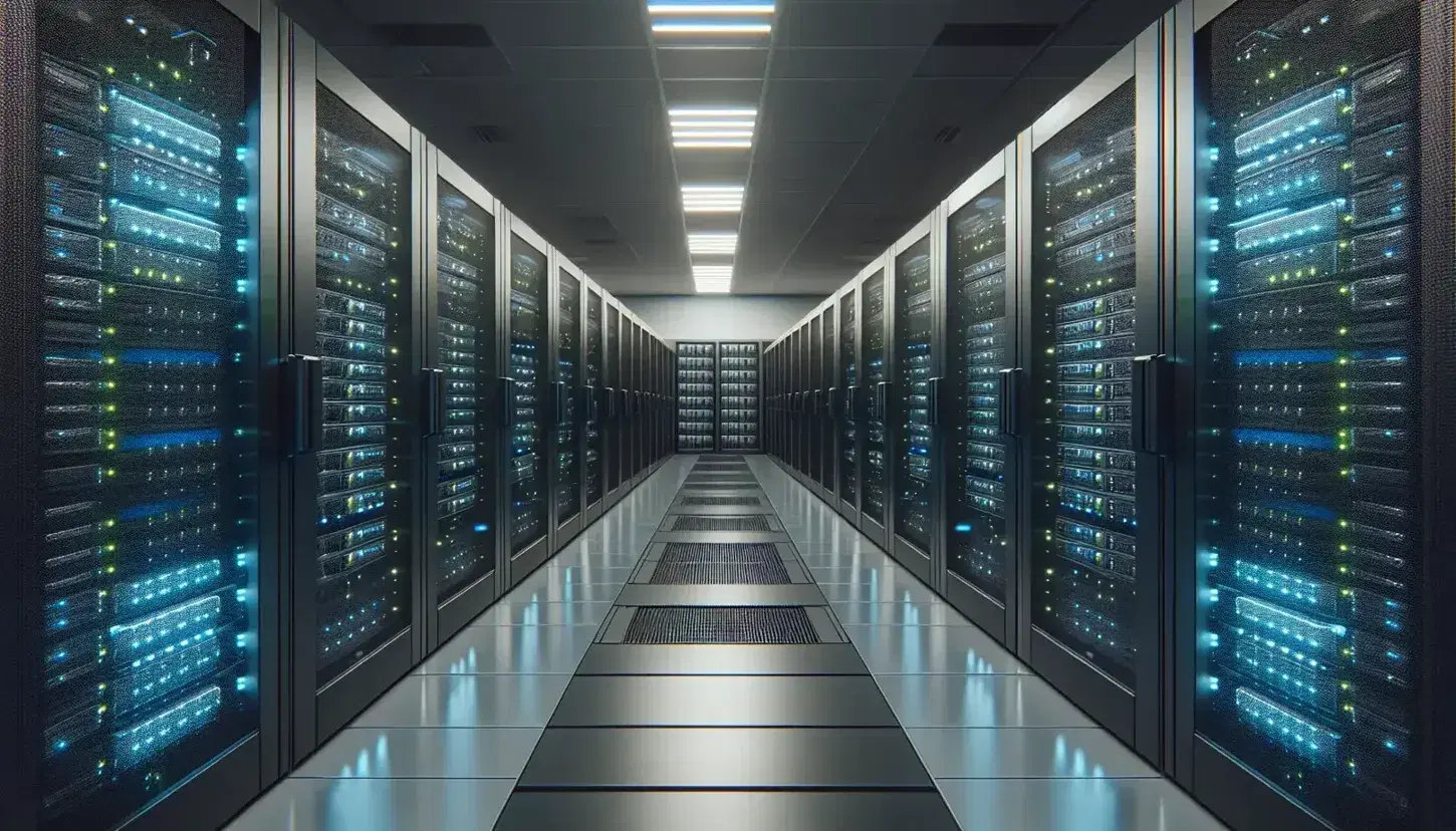 Modern data center with rows of black server racks illuminated by blue and green LEDs, cylindrical cooling systems and polished concrete floor.