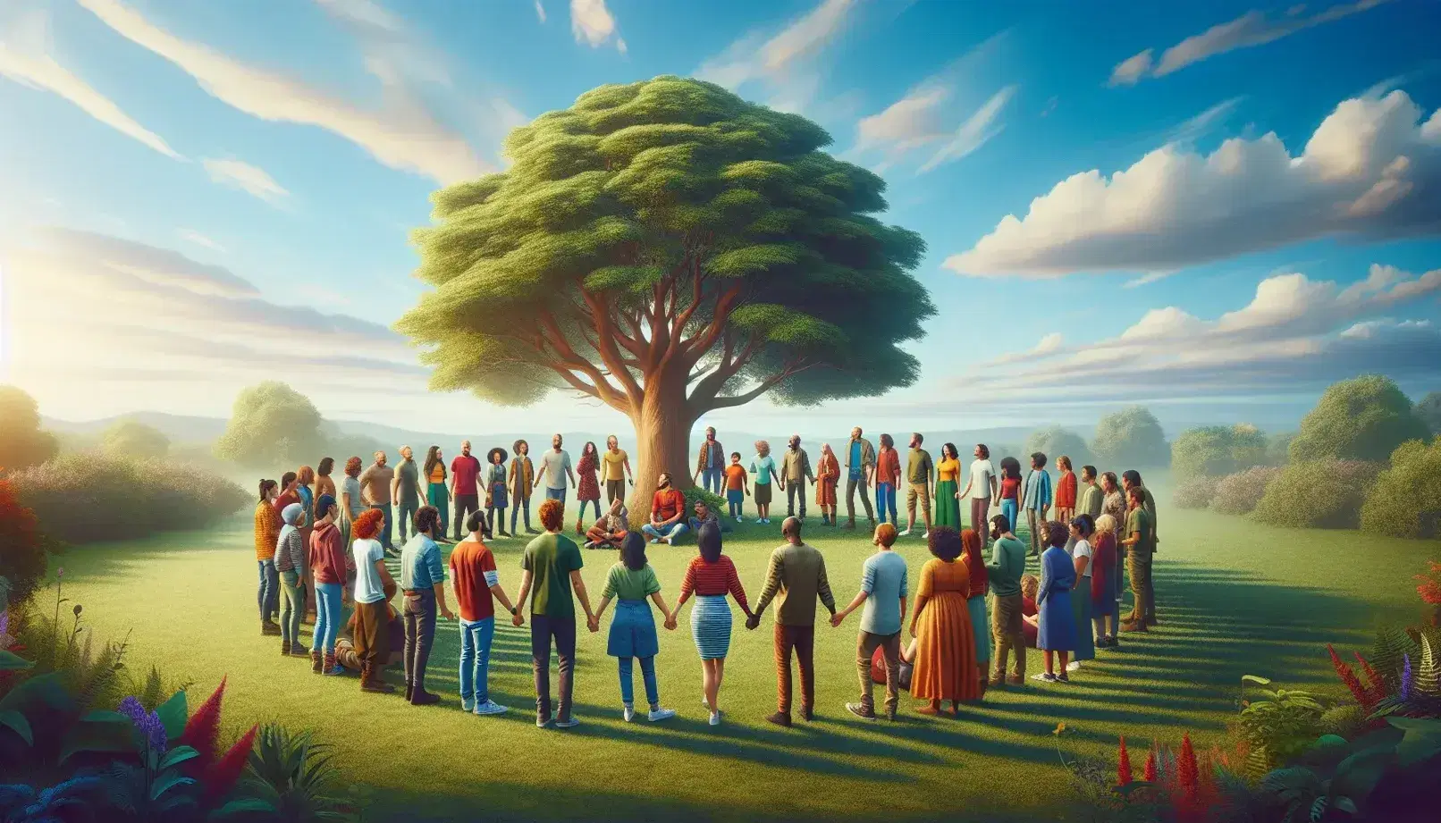 Grupo diverso de personas reunidas alrededor de un árbol en un parque, interactuando en un día soleado con cielo despejado.