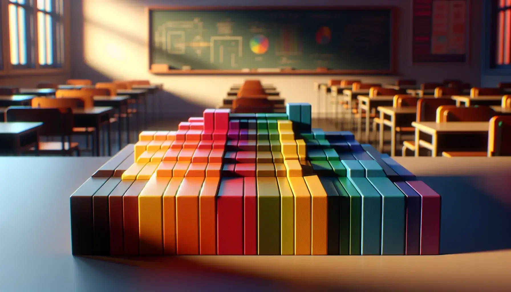 Colorful rectangular blocks in color gradation from red to purple on matte surface with blurred school classroom background.
