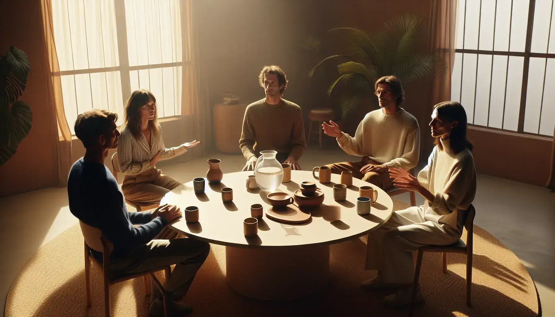 Grupo de cuatro personas sentadas en círculo en un salón iluminado naturalmente, conversando activamente alrededor de una mesa con tazas y jarra de agua, en un ambiente cálido y acogedor.