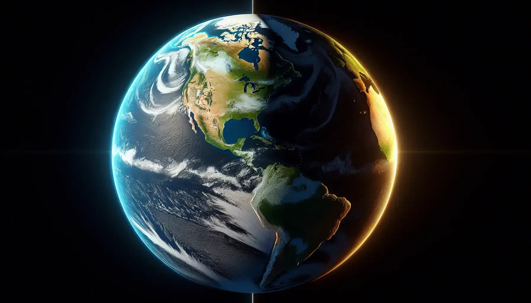 Globo terrestre 3D con continenti verdi e marroni, oceani blu, illuminato dal sole con linea del terminatore visibile.