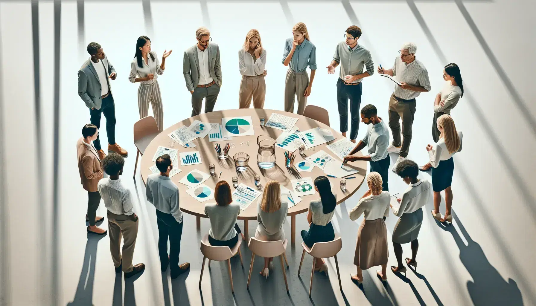 Grupo diverso de profesionales en reunión de trabajo alrededor de una mesa redonda con papeles y una jarra de agua, en un ambiente de colaboración.